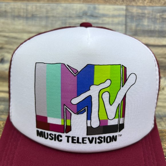 MTV Mens Trucker Hat Maroon Snapback Retro 80s Logo Music Television Ball Cap - Picture 3 of 8